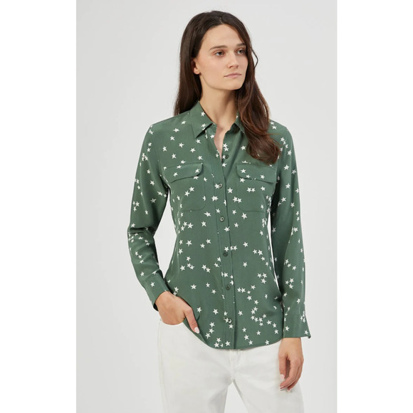 Equipment Womens Slim Signature Shirt Cilantro Nature White Stars Size XXS NWT - Picture 2 of 13